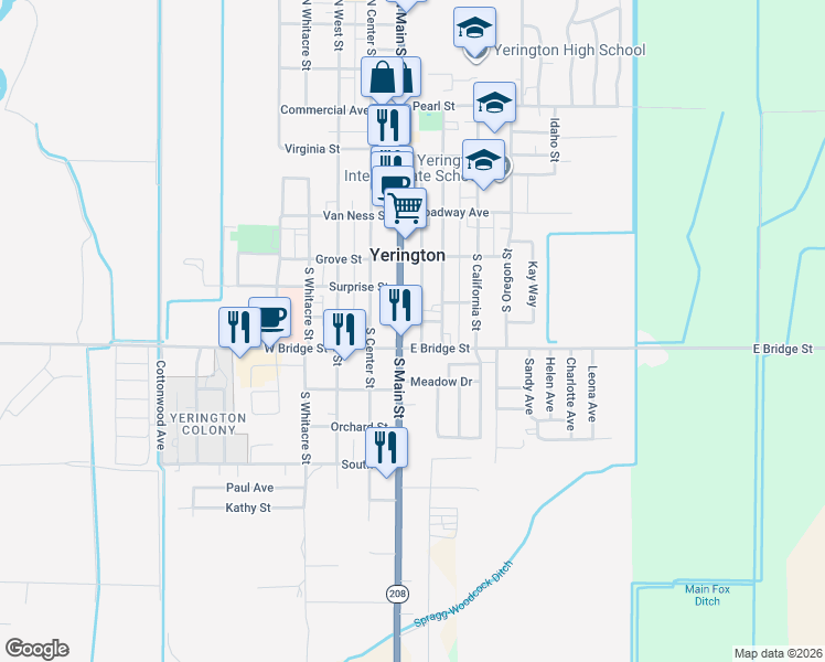 map of restaurants, bars, coffee shops, grocery stores, and more near 230 South Main Street in Yerington