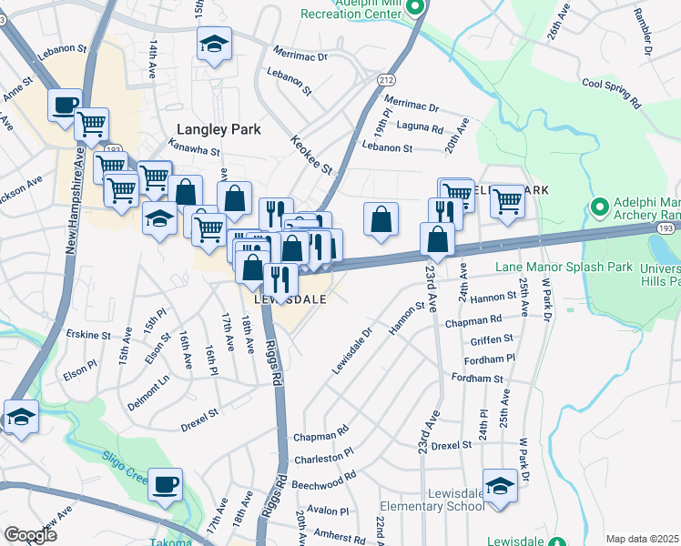 map of restaurants, bars, coffee shops, grocery stores, and more near 2201 University Boulevard East in Hyattsville