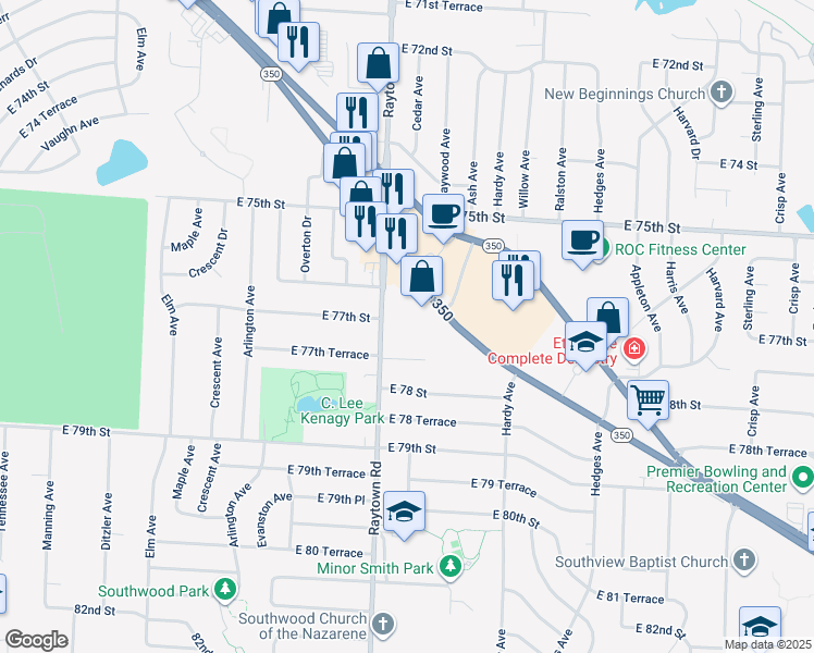 map of restaurants, bars, coffee shops, grocery stores, and more near 7705 Raytown Road in Raytown