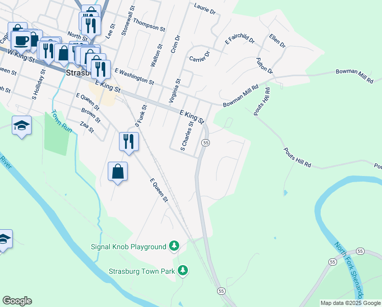 map of restaurants, bars, coffee shops, grocery stores, and more near 1051 Jackson Street in Strasburg