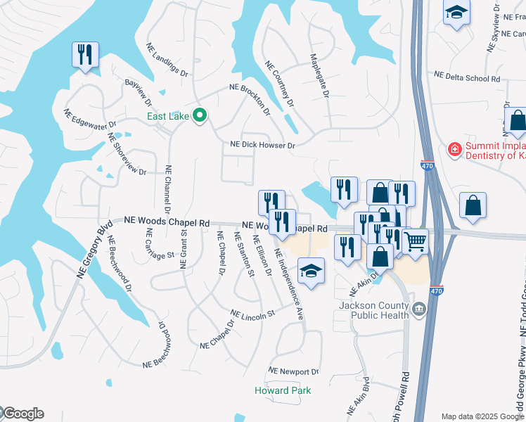 map of restaurants, bars, coffee shops, grocery stores, and more near 3912 Northeast Independence Avenue in Lee's Summit