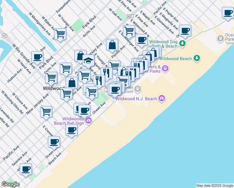 map of restaurants, bars, coffee shops, grocery stores, and more near 4200 Boardwalk in Wildwood