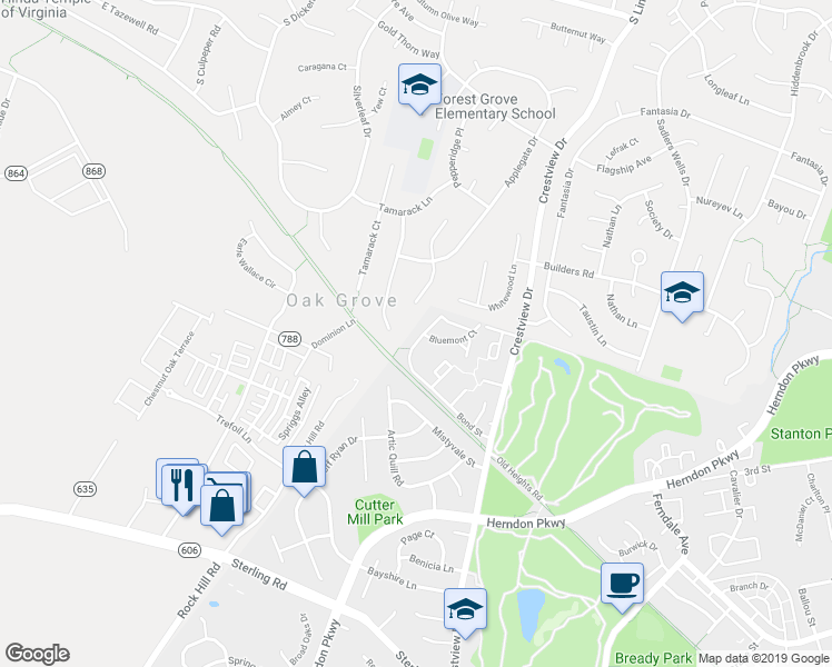map of restaurants, bars, coffee shops, grocery stores, and more near 1229 Bond Street in Herndon