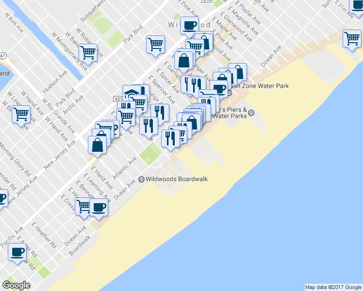 map of restaurants, bars, coffee shops, grocery stores, and more near 4200 Boardwalk in Wildwood