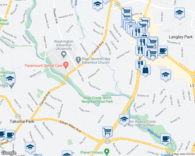 map of restaurants, bars, coffee shops, grocery stores, and more near 7224 Central Avenue in Takoma Park