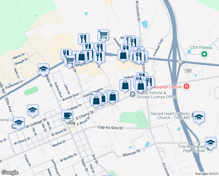map of restaurants, bars, coffee shops, grocery stores, and more near 640 Kuhne Heights in Troy
