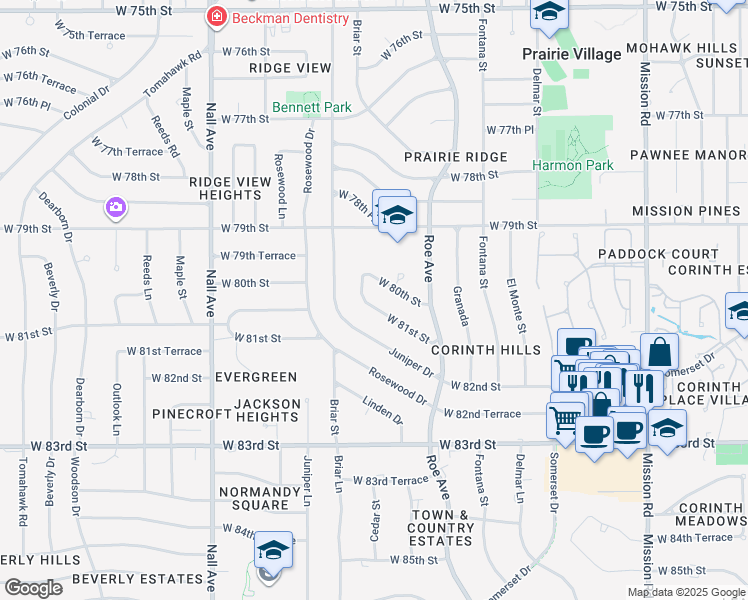 map of restaurants, bars, coffee shops, grocery stores, and more near 4904 West 81st Street in Prairie Village
