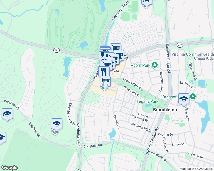 map of restaurants, bars, coffee shops, grocery stores, and more near 22890 Brambleton Plaza in Brambleton