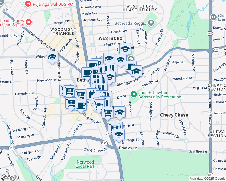 map of restaurants, bars, coffee shops, grocery stores, and more near 7300 Pearl Street in Bethesda