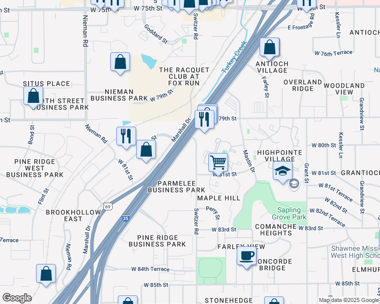 map of restaurants, bars, coffee shops, grocery stores, and more near 8015 Lenexa Drive in Overland Park