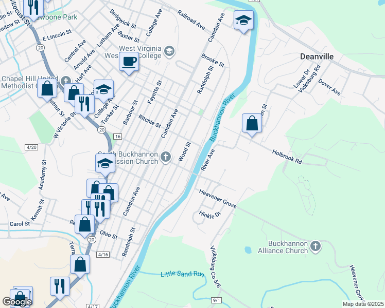 map of restaurants, bars, coffee shops, grocery stores, and more near 119-143 Railroad Ave in Buckhannon