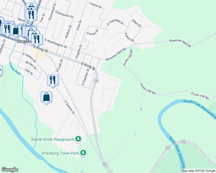 map of restaurants, bars, coffee shops, grocery stores, and more near 116 Daniel Court in Strasburg