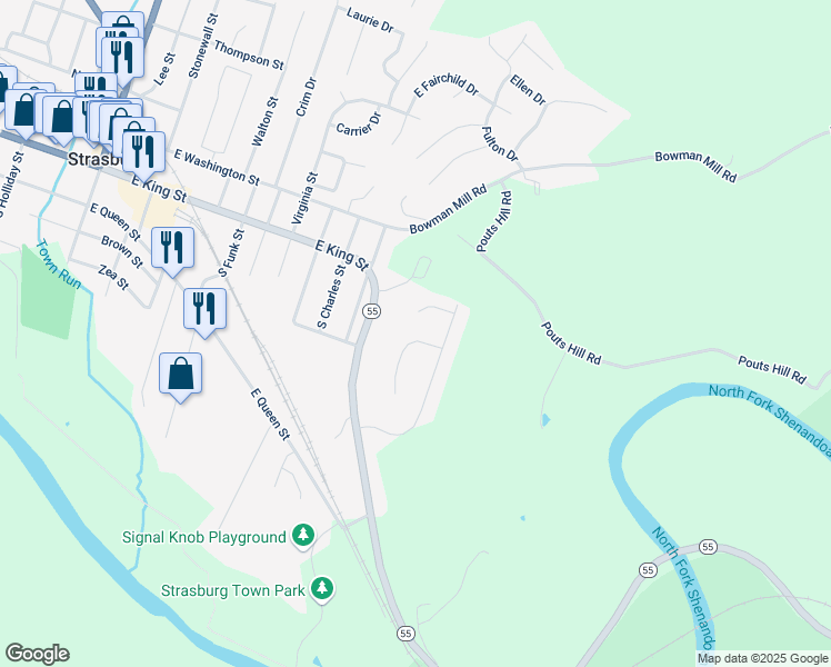 map of restaurants, bars, coffee shops, grocery stores, and more near 118 Daniel Court in Strasburg