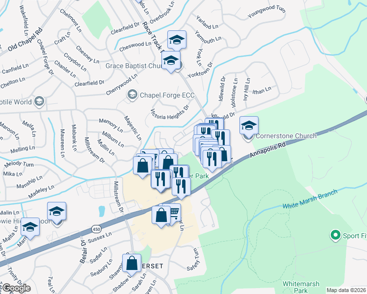 map of restaurants, bars, coffee shops, grocery stores, and more near 13014 Midsummer Lane in Bowie