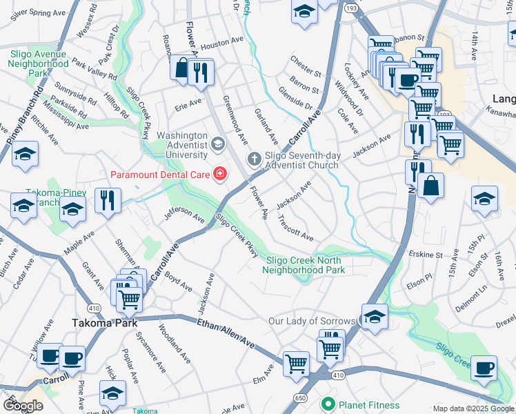 map of restaurants, bars, coffee shops, grocery stores, and more near 7404 Flower Avenue in Takoma Park