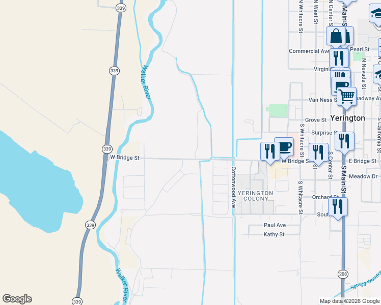 map of restaurants, bars, coffee shops, grocery stores, and more near 830 West Bridge Street in Yerington