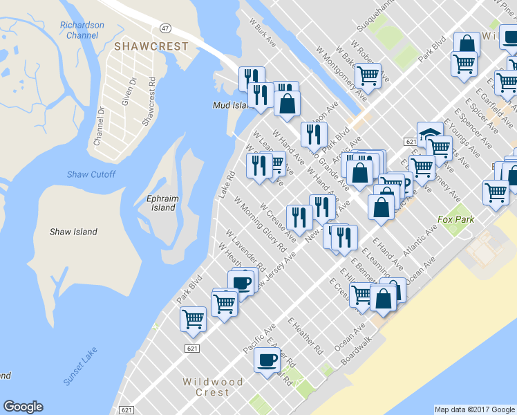 map of restaurants, bars, coffee shops, grocery stores, and more near 5400 Park Boulevard in Wildwood Crest