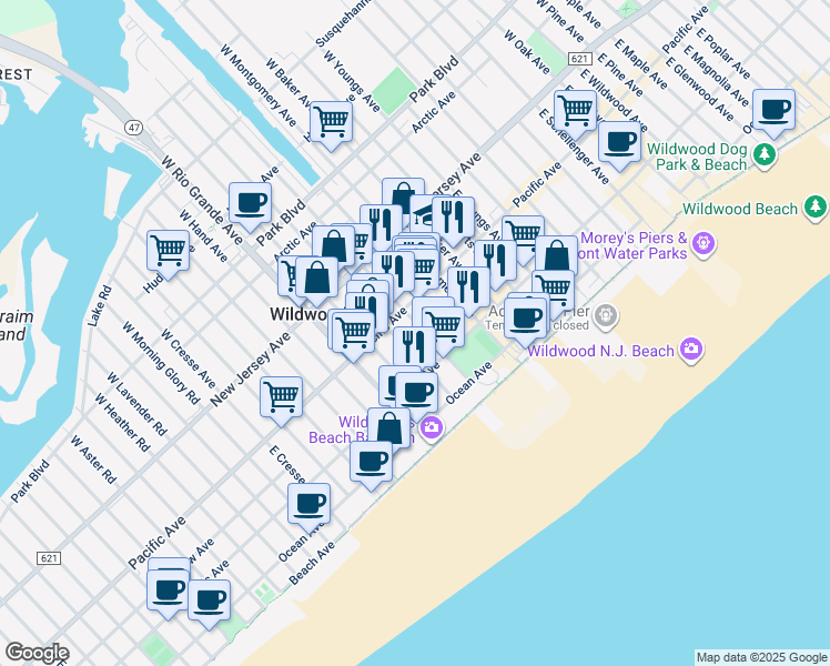 map of restaurants, bars, coffee shops, grocery stores, and more near in Wildwood