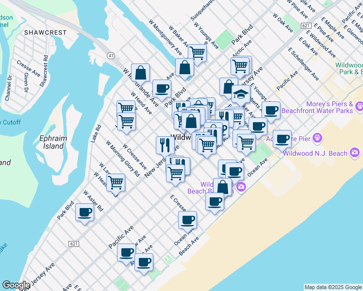 map of restaurants, bars, coffee shops, grocery stores, and more near in Wildwood
