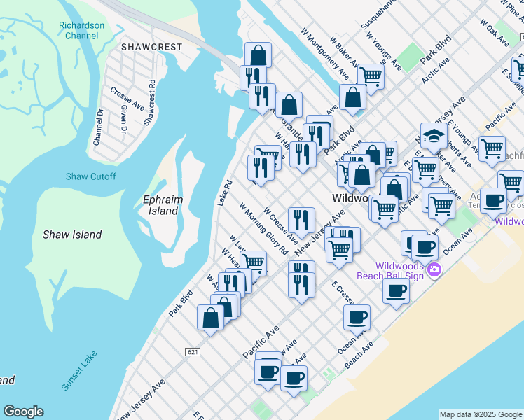map of restaurants, bars, coffee shops, grocery stores, and more near 5400 Park Boulevard in Wildwood Crest