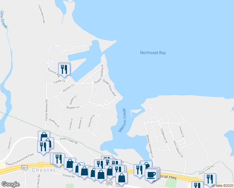 map of restaurants, bars, coffee shops, grocery stores, and more near 46E Queen Anne Way in Chester
