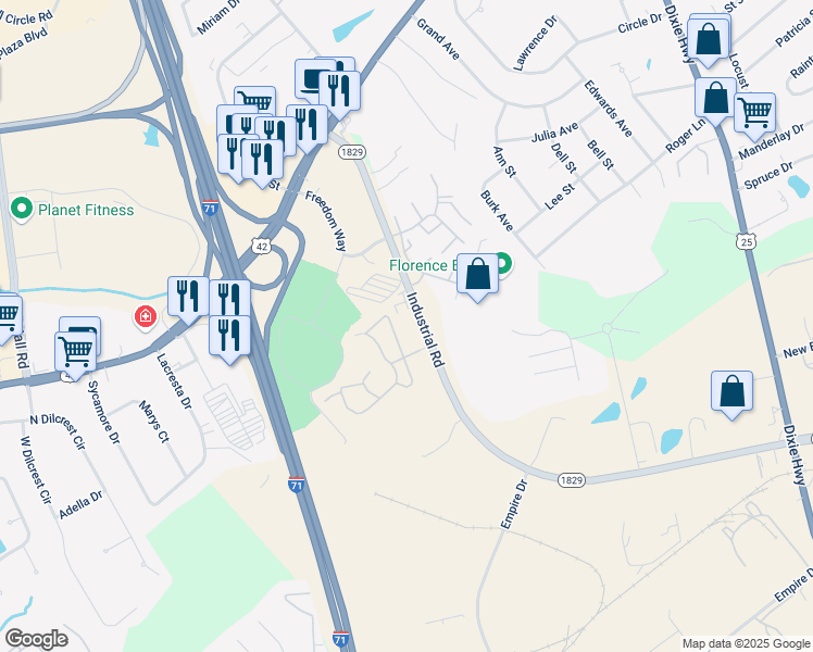 map of restaurants, bars, coffee shops, grocery stores, and more near 7525 Industrial Road in Florence