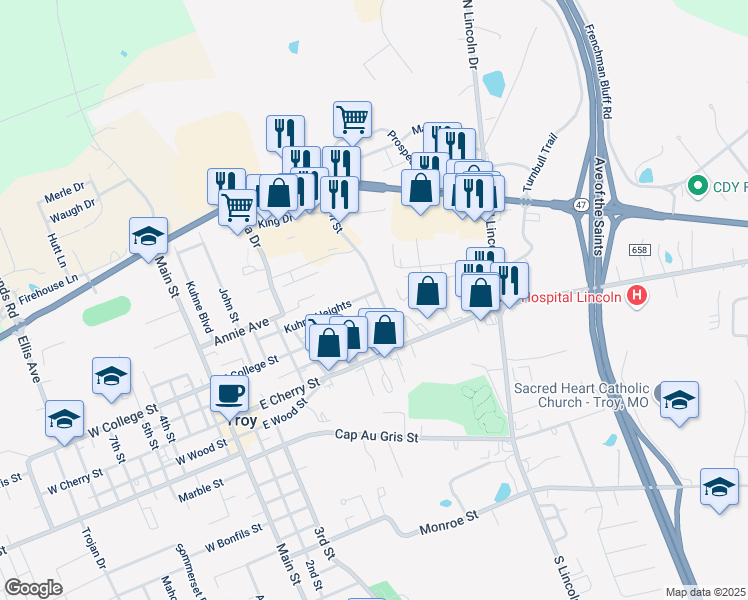 map of restaurants, bars, coffee shops, grocery stores, and more near 640 Kuhne Heights in Troy