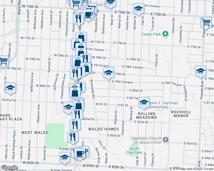map of restaurants, bars, coffee shops, grocery stores, and more near 7932 Main Street in Kansas City