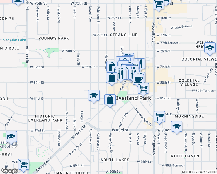 map of restaurants, bars, coffee shops, grocery stores, and more near 8012 Conser in Overland Park
