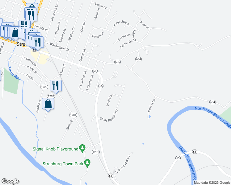 map of restaurants, bars, coffee shops, grocery stores, and more near 112 Daniel Court in Strasburg