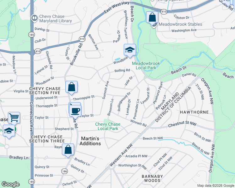 map of restaurants, bars, coffee shops, grocery stores, and more near 3209 Thornapple Street in Chevy Chase