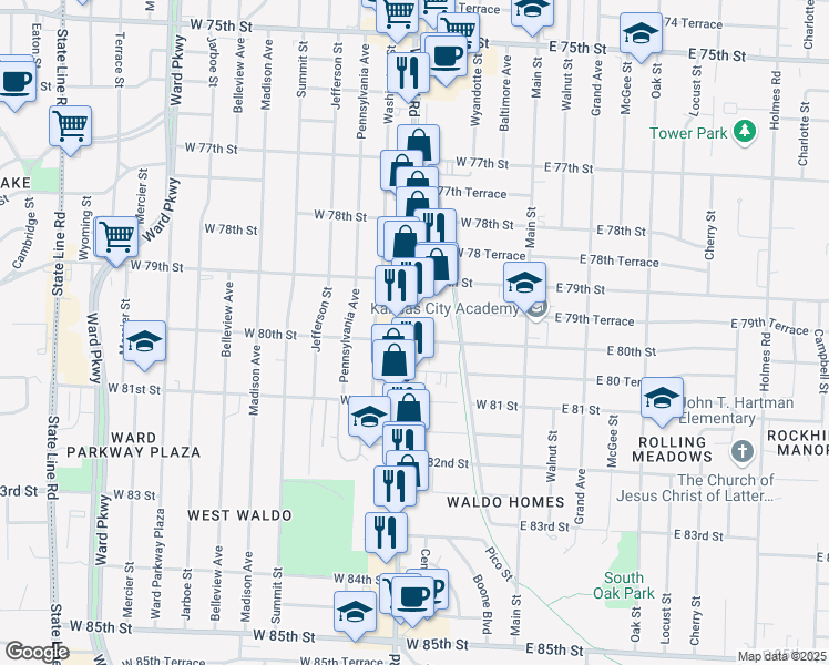 map of restaurants, bars, coffee shops, grocery stores, and more near 7953 Wornall Road in Kansas City