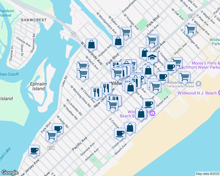 map of restaurants, bars, coffee shops, grocery stores, and more near 5010 New Jersey Avenue in Wildwood