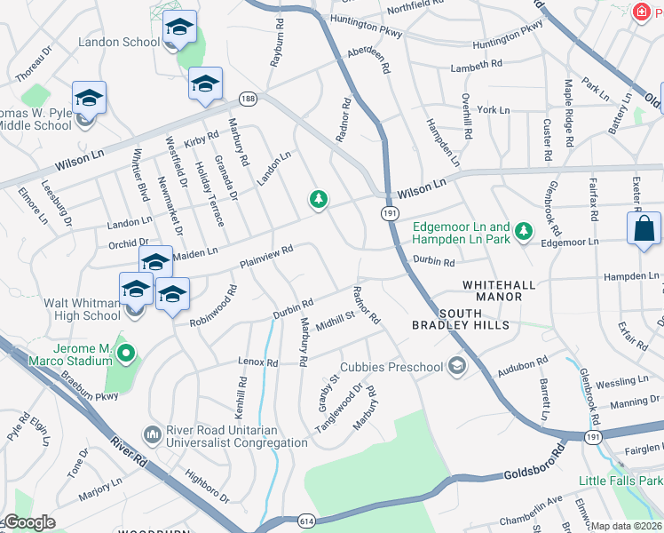 map of restaurants, bars, coffee shops, grocery stores, and more near 5813 Plainview Road in Bethesda