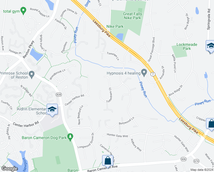 map of restaurants, bars, coffee shops, grocery stores, and more near 1210 Tottenham Court in Reston