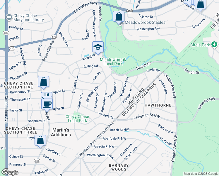 map of restaurants, bars, coffee shops, grocery stores, and more near 7309 Pomander Lane in Chevy Chase