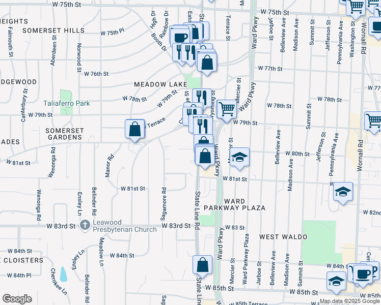 map of restaurants, bars, coffee shops, grocery stores, and more near 8016 State Line Rd in Leawood