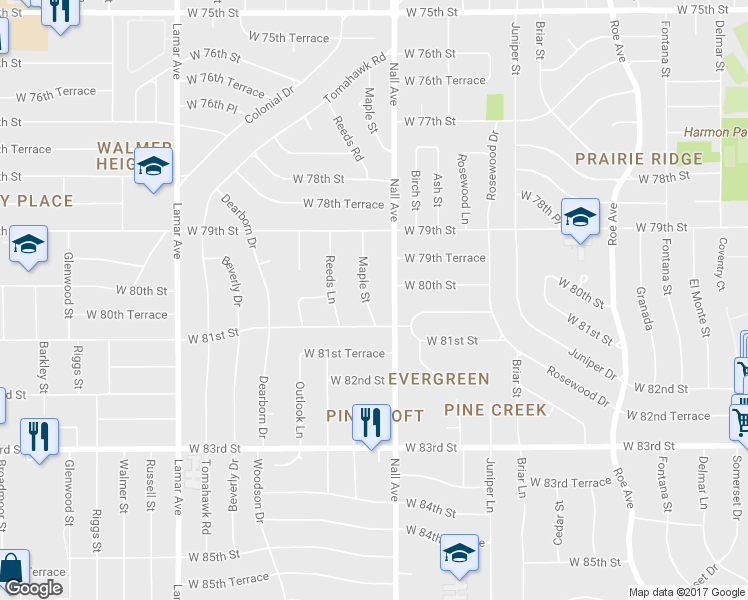 map of restaurants, bars, coffee shops, grocery stores, and more near 8009 Maple Street in Prairie Village