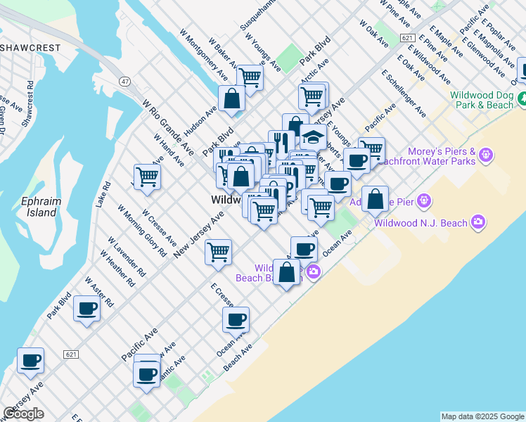 map of restaurants, bars, coffee shops, grocery stores, and more near 140 East Taylor Avenue in Wildwood