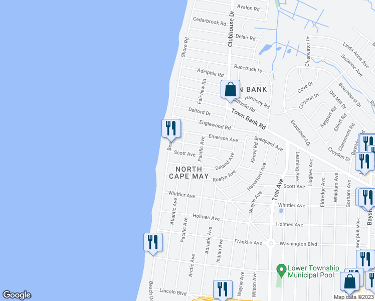 map of restaurants, bars, coffee shops, grocery stores, and more near 1609 Scott Avenue in North Cape May
