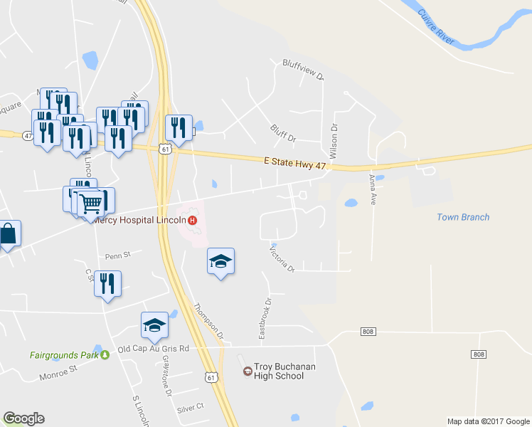 map of restaurants, bars, coffee shops, grocery stores, and more near Carrington Boulevard in Troy