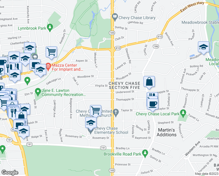 map of restaurants, bars, coffee shops, grocery stores, and more near 7304 Connecticut Avenue in Chevy Chase
