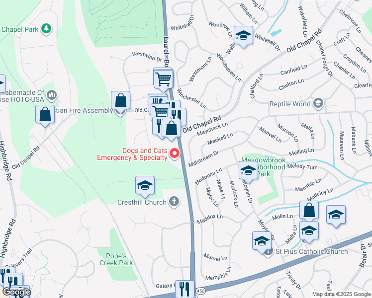 map of restaurants, bars, coffee shops, grocery stores, and more near 12008 Maycheck Lane in Bowie