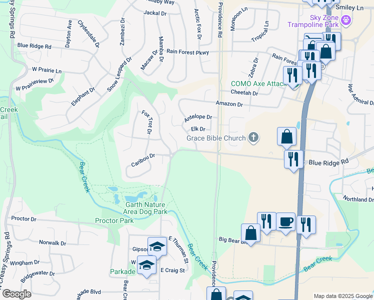 map of restaurants, bars, coffee shops, grocery stores, and more near 201 Blue Ridge Road in Columbia