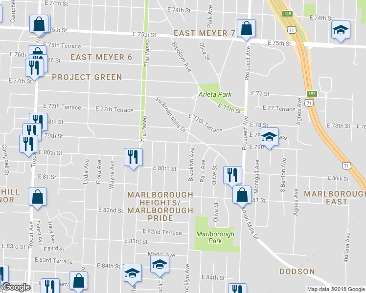 map of restaurants, bars, coffee shops, grocery stores, and more near 2105 East 79th Street in Kansas City
