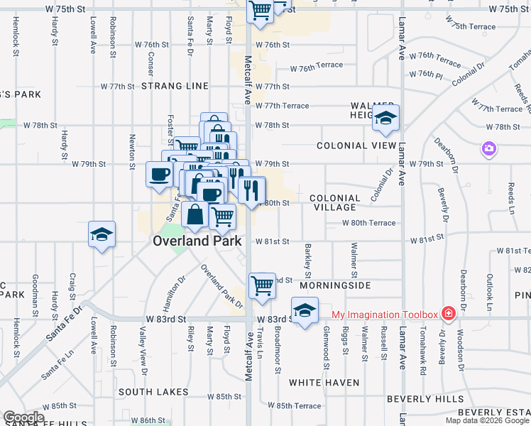 map of restaurants, bars, coffee shops, grocery stores, and more near 8045 Metcalf Avenue in Overland Park