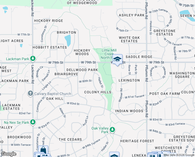 map of restaurants, bars, coffee shops, grocery stores, and more near 7926 Hallet Street in Lenexa