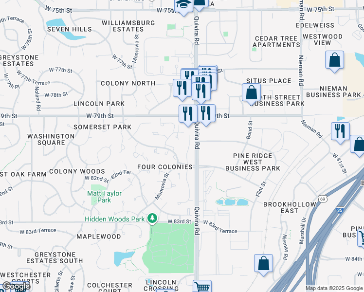 map of restaurants, bars, coffee shops, grocery stores, and more near 7928 Halsey Street in Lenexa