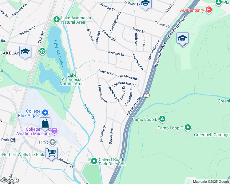 map of restaurants, bars, coffee shops, grocery stores, and more near 7509 Wellesley Drive in College Park