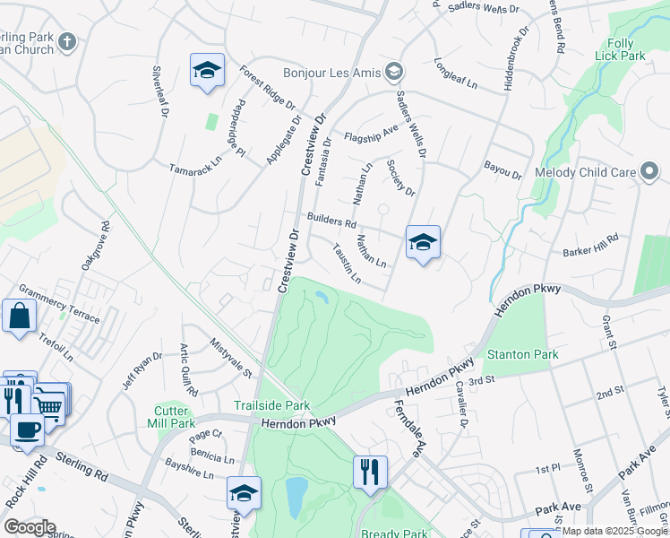 map of restaurants, bars, coffee shops, grocery stores, and more near 1721 Fantasia Circle in Herndon
